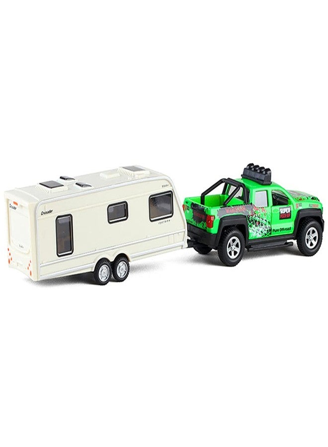 Metanyl Pickup Truck Trailer Towing Toy Camper 2 in 1 Playset RV Motorhome Toys for Boys Diecast Model Car Metal Pull Back Toy Cars 1/36 Scale SUV Doors Open Light Sound Kids Birthday Gifts, Green - Image 5